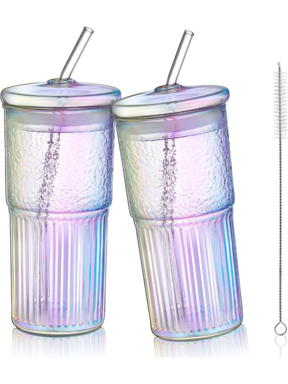 Iridescent 22oz Glass Tumbler with Straw & Lid - Ribbed Design, Perfect for